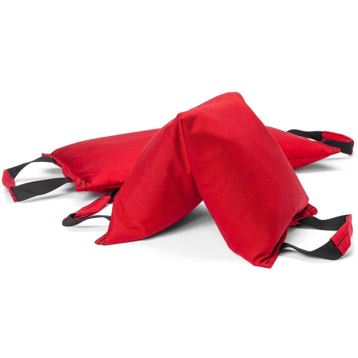 Red dual handled sandbags on a white background
