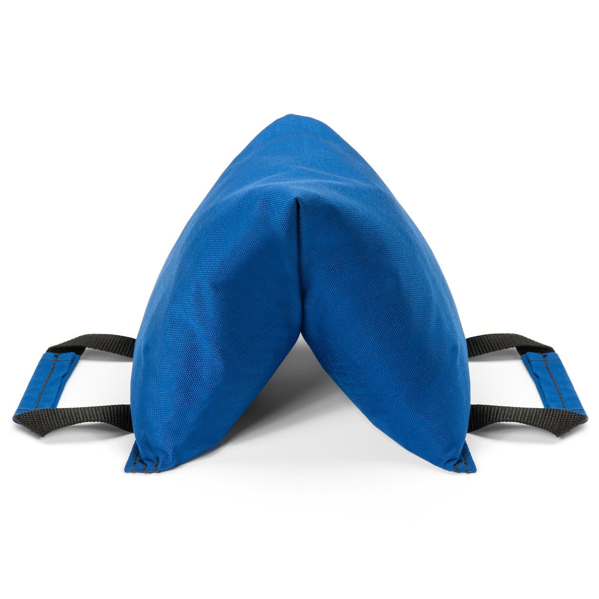 Blue dual handled sandbag folded on a white background