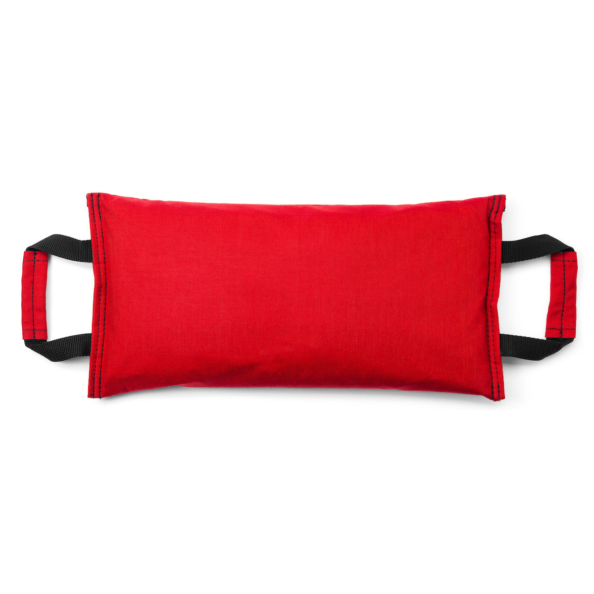 Red dual handled sandbag with black strap handles on a white background