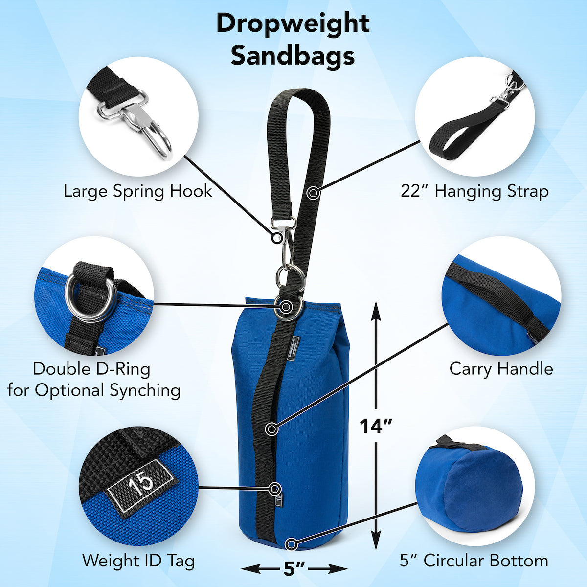 Blue dropweight sandbag with labeled features on a light blue background