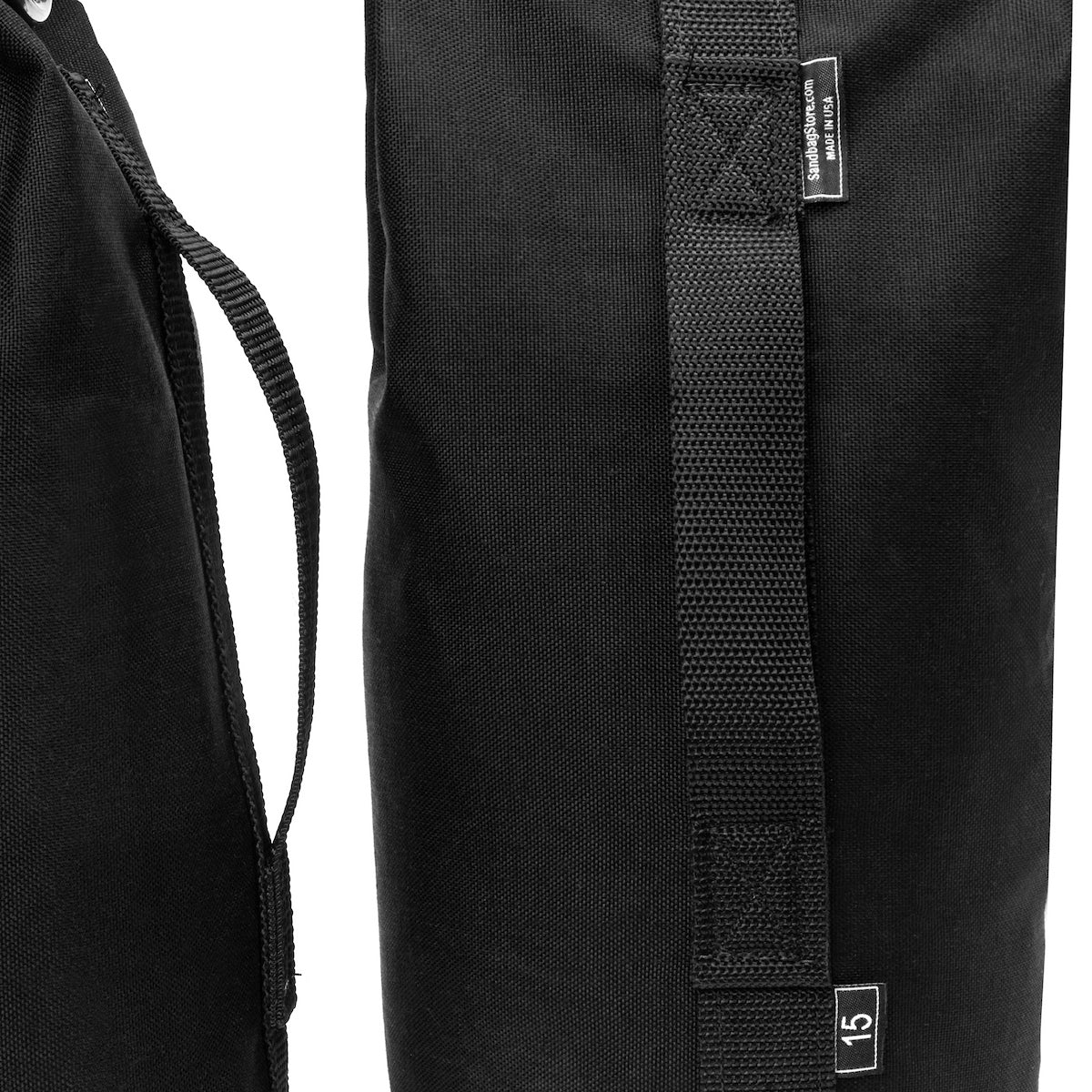 Black backpack with a strap and visible brand logo on a white background