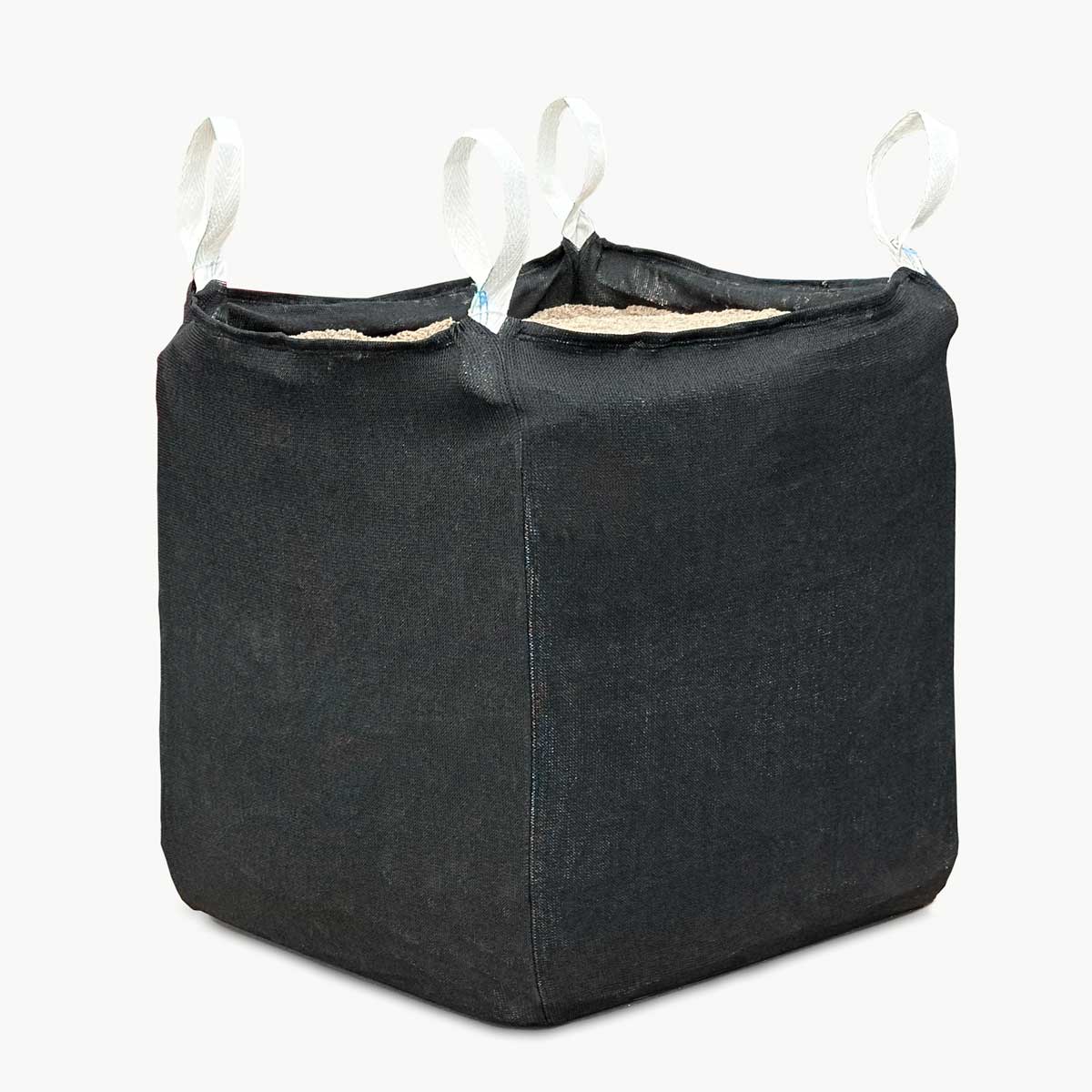 Black Big Hoss bulk bag filled to a 3 foot cube with four forklift loopsfor lifting and placement with heavy equipment on a white background