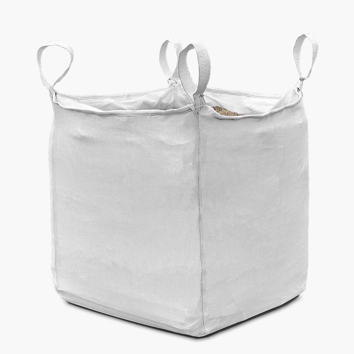 White Big Hoss bulk bag filled to a 3 foot cube with four forklift loopsfor lifting and placement with heavy equipment on a white background