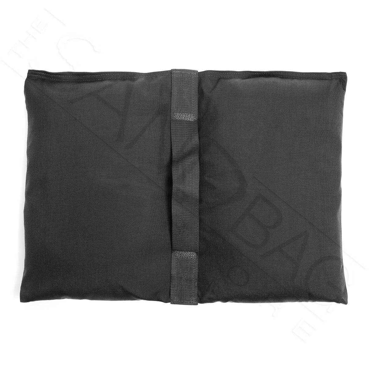 Black saddle sandbag open and laying flat on a white background with watermarking