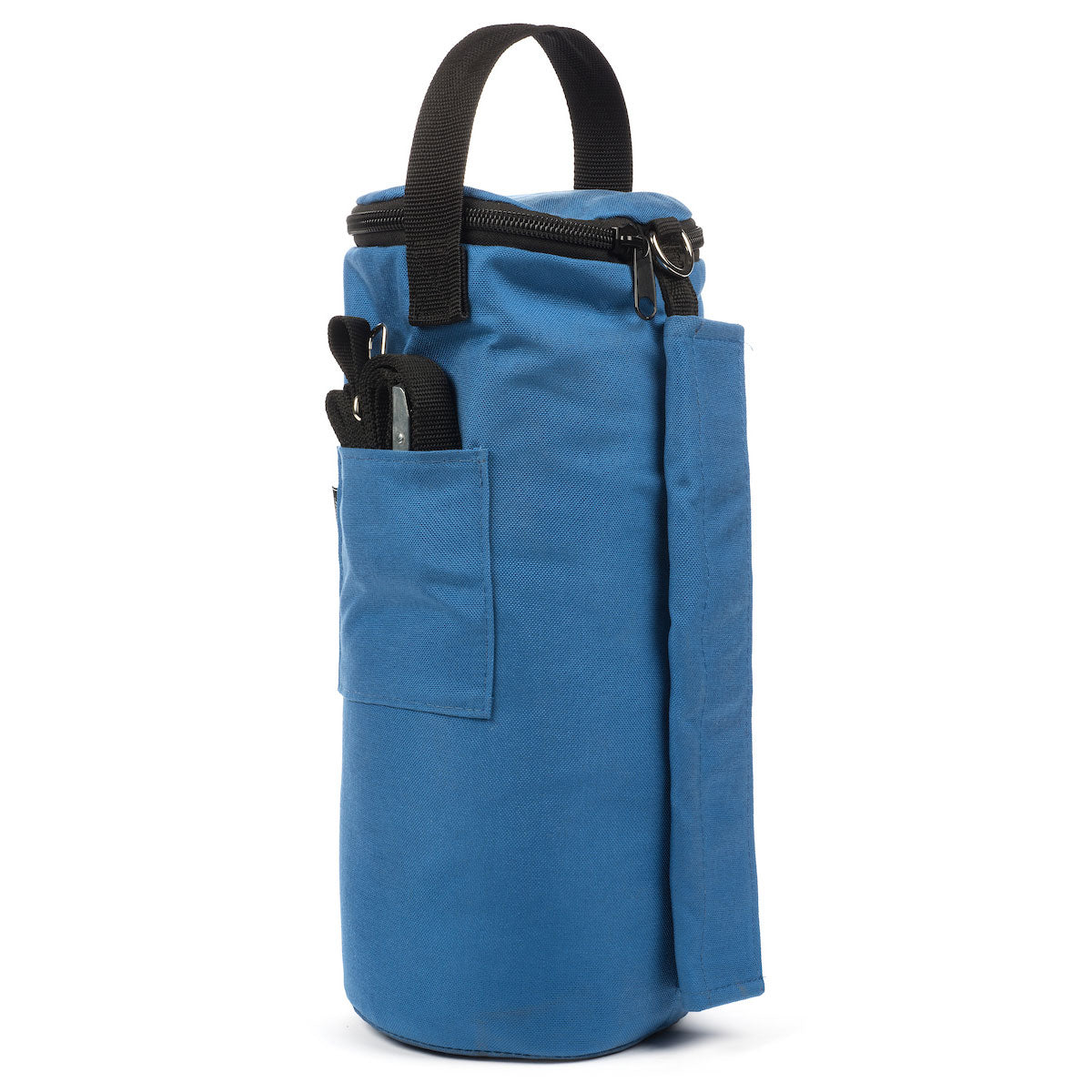 Photo of a single blue canopy sandbag weight on white background.