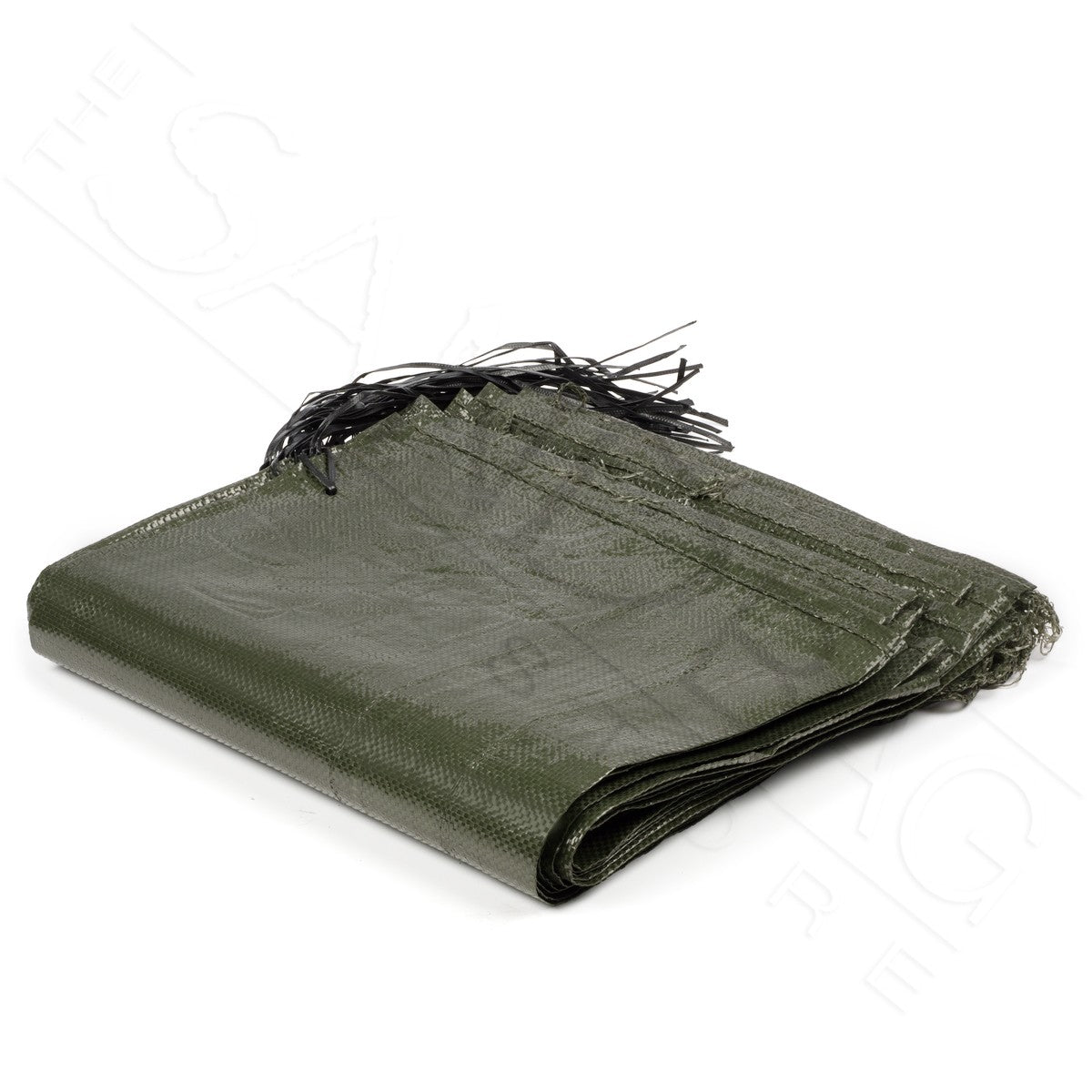 Green cactus sandbags in a stack of 50 empty bags with black tie strings on a white background