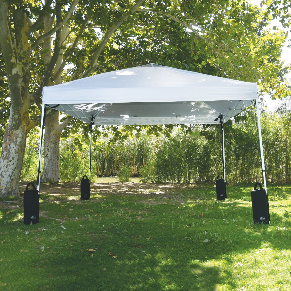 Portable canopy awning set up in grassy area with canopy weights