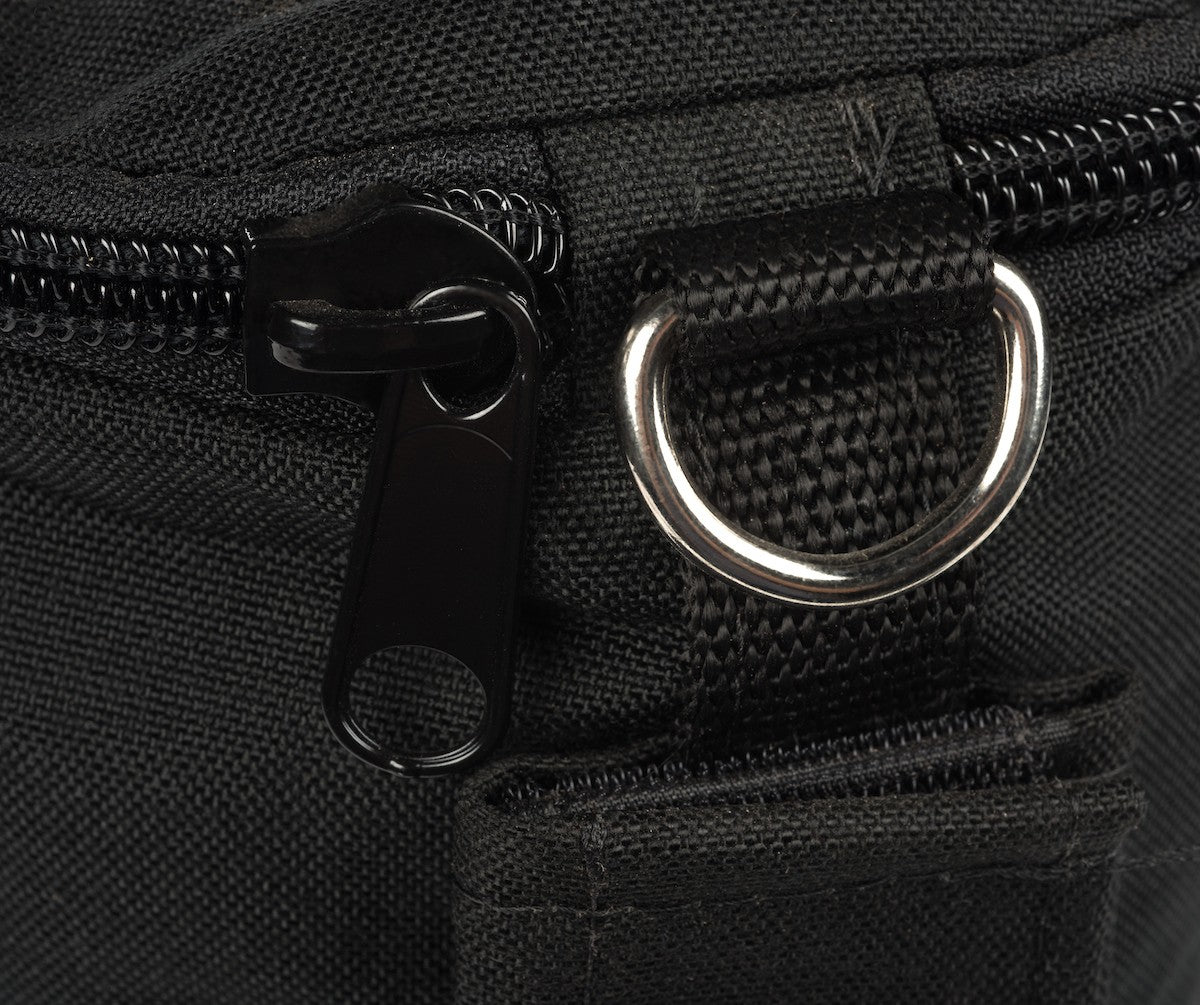 A close up view showing detailed views of zipper and stitching.