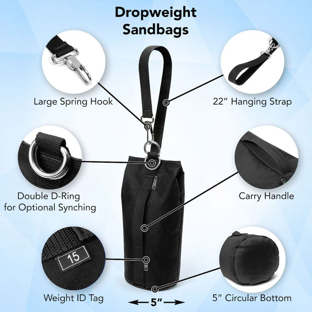 Detail showing the features of the dropweight sandbag including large spring hook hanging strap double d ring carry handle weight ID tag and circular bottom