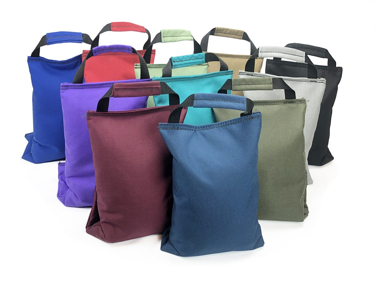 Dual Handled sandbags shown in group form in all 10 colors on a white backdrop