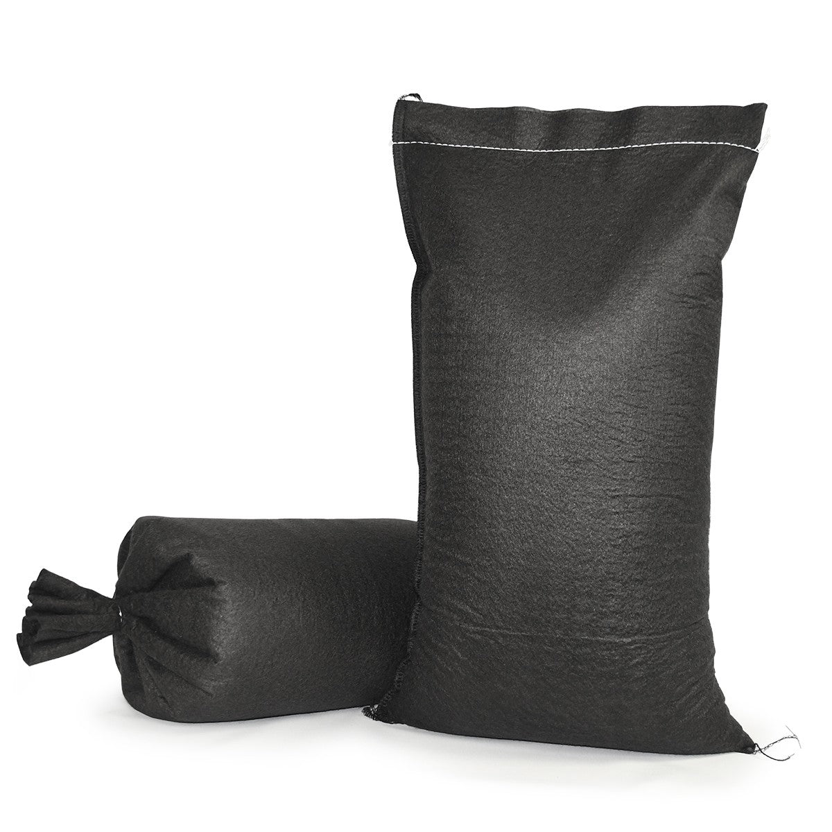Two black geotextile sanbags on a white background