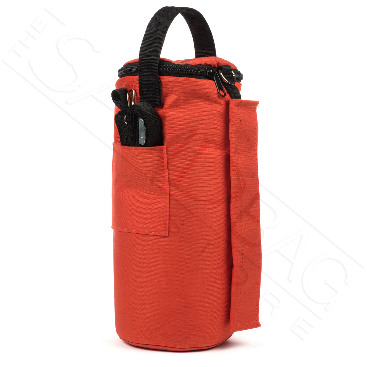 Photo of a single orange canopy sandbag weight on white background.