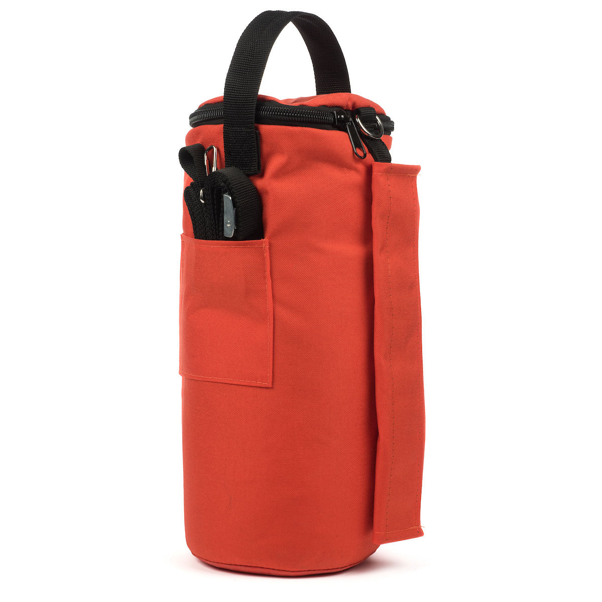 Photo of a single orange canopy sandbag weight on white background.