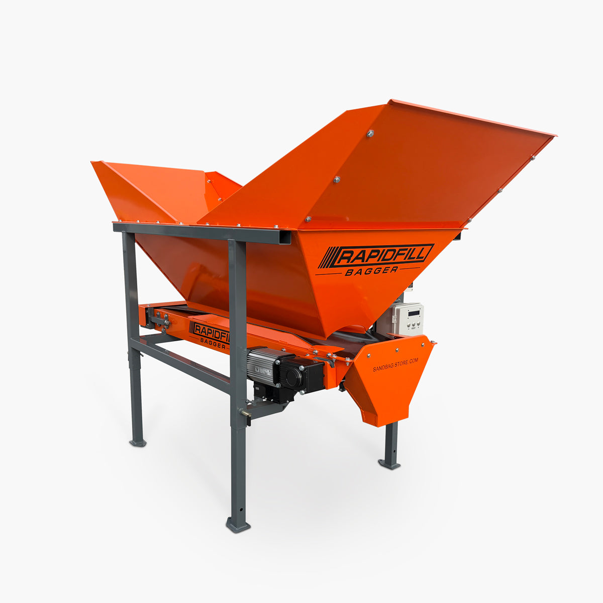 Orange Rapidfill bagger machine on a white background