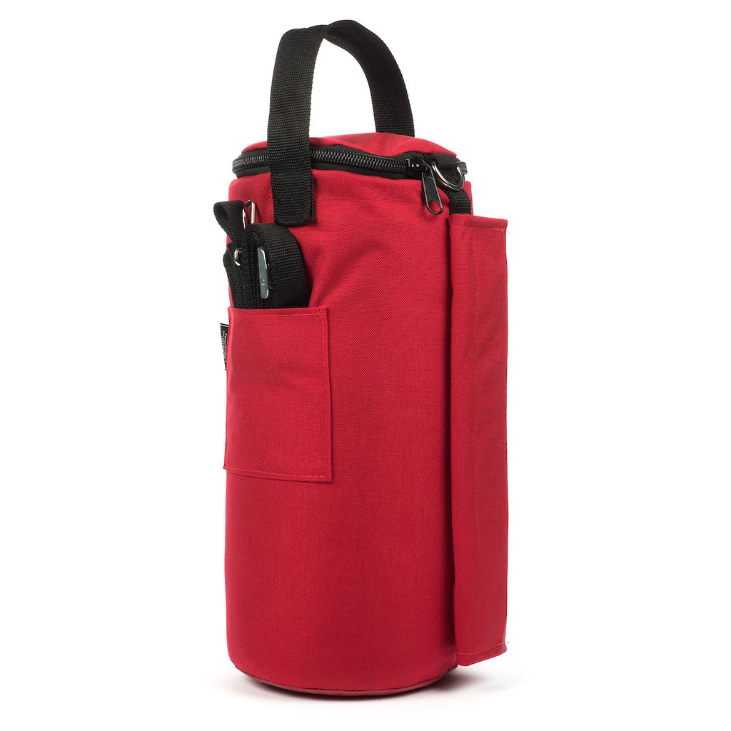 Photo of a single red canopy sandbag weight on white background.