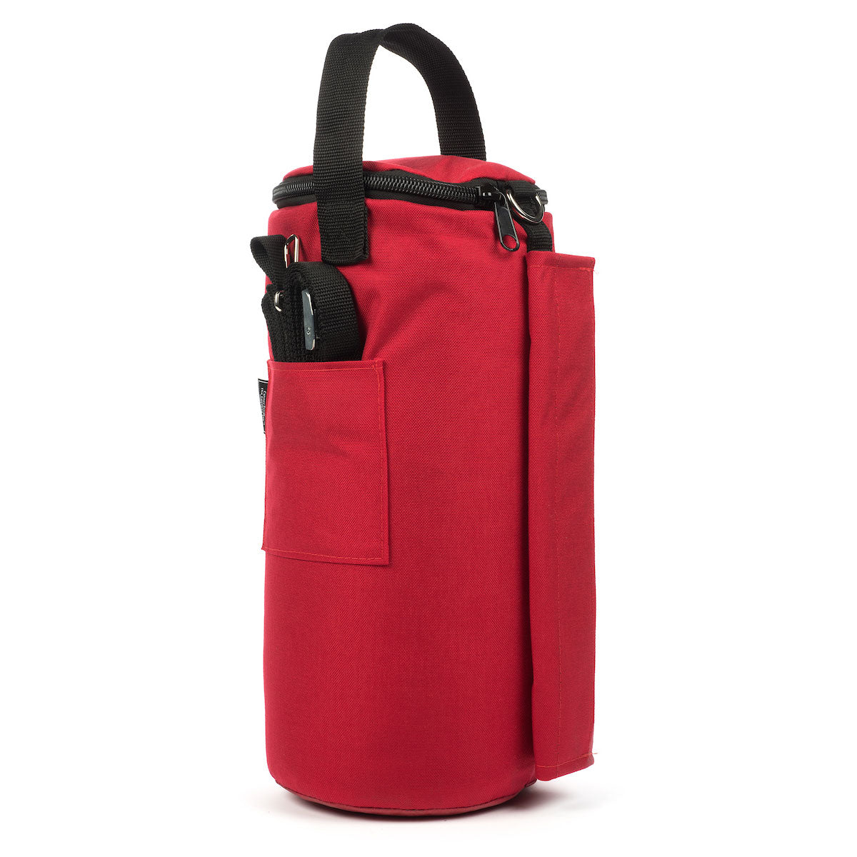 Photo of a single red canopy sandbag weight on white background.