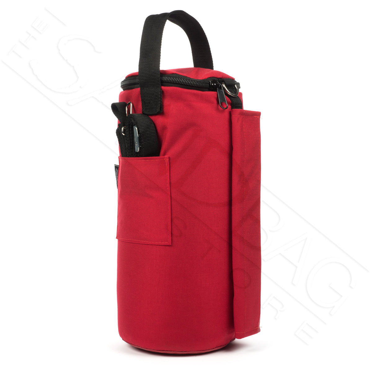 Photo of a single red canopy sandbag weight on white background.