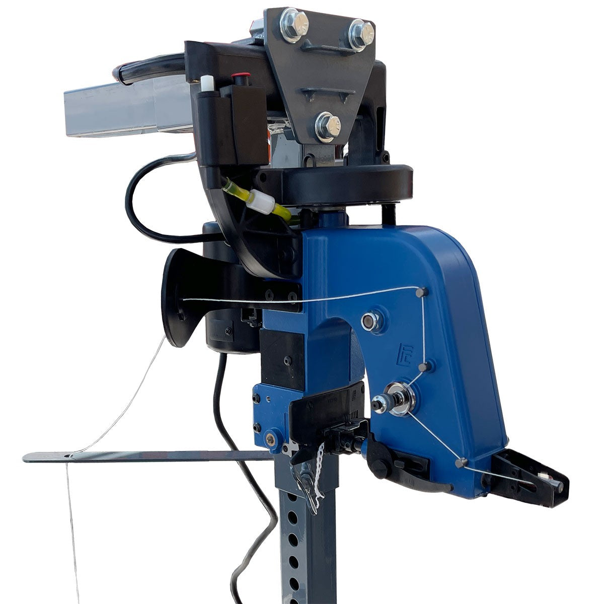 Blue sandbag sewing machine on post with thread gided up from below on white background