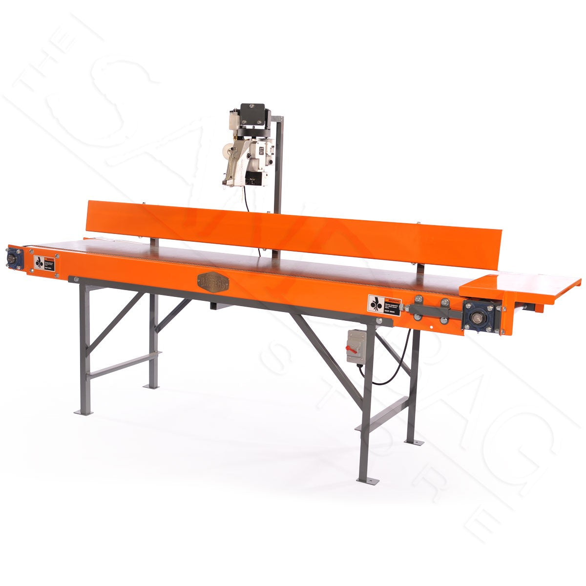 Sandbag sewing table conveyor belt with attached sewing machine head for closing sandbags on white background
