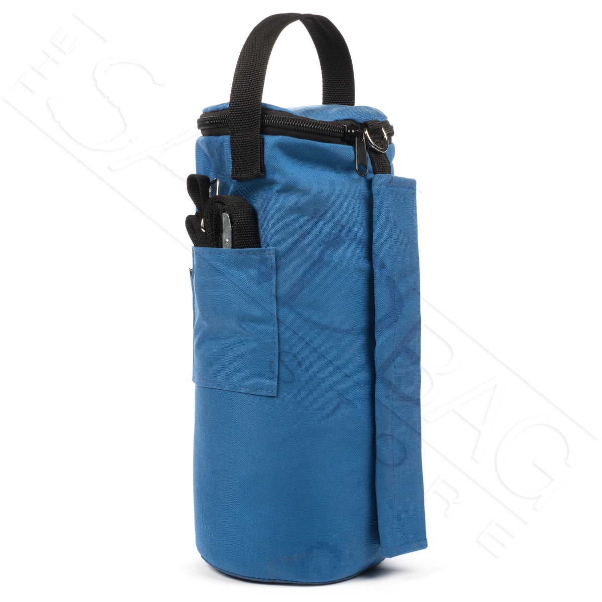 Photo of a single blue canopy sandbag weight on white background.