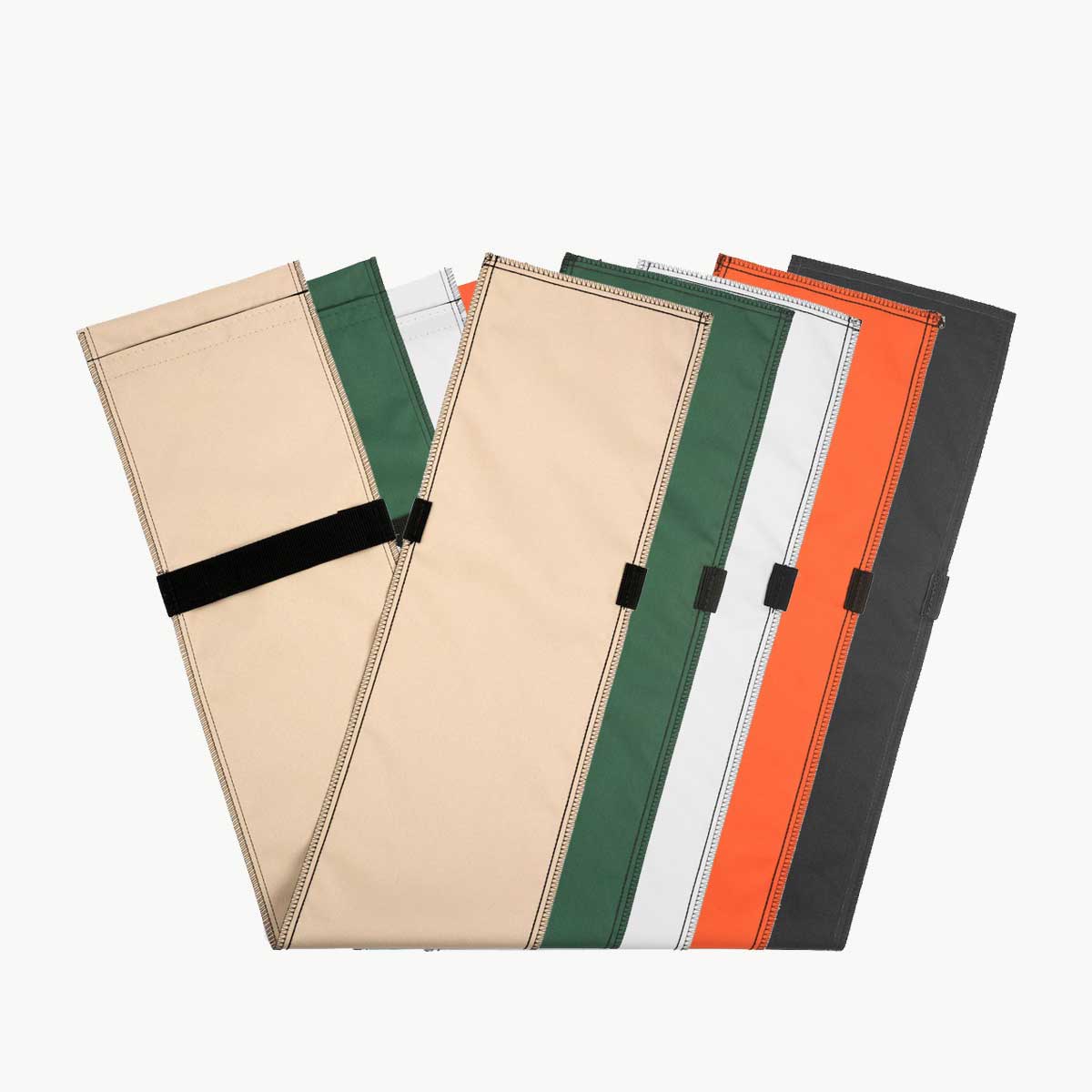 Stack of 5 tube sandbags from sandbagstore.com in tan green white orange and black on a white background