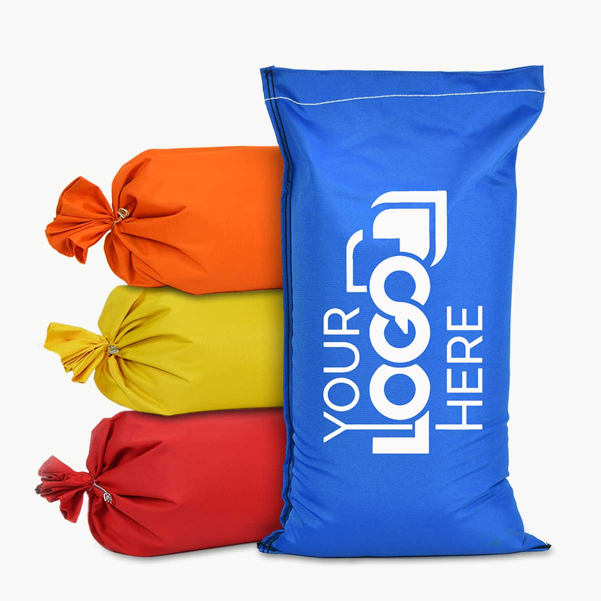 Colorful display of ace sandbags with red yellow and orange sandbags stacked in the backgound and a single blue ace sandbag with printed logo in the front