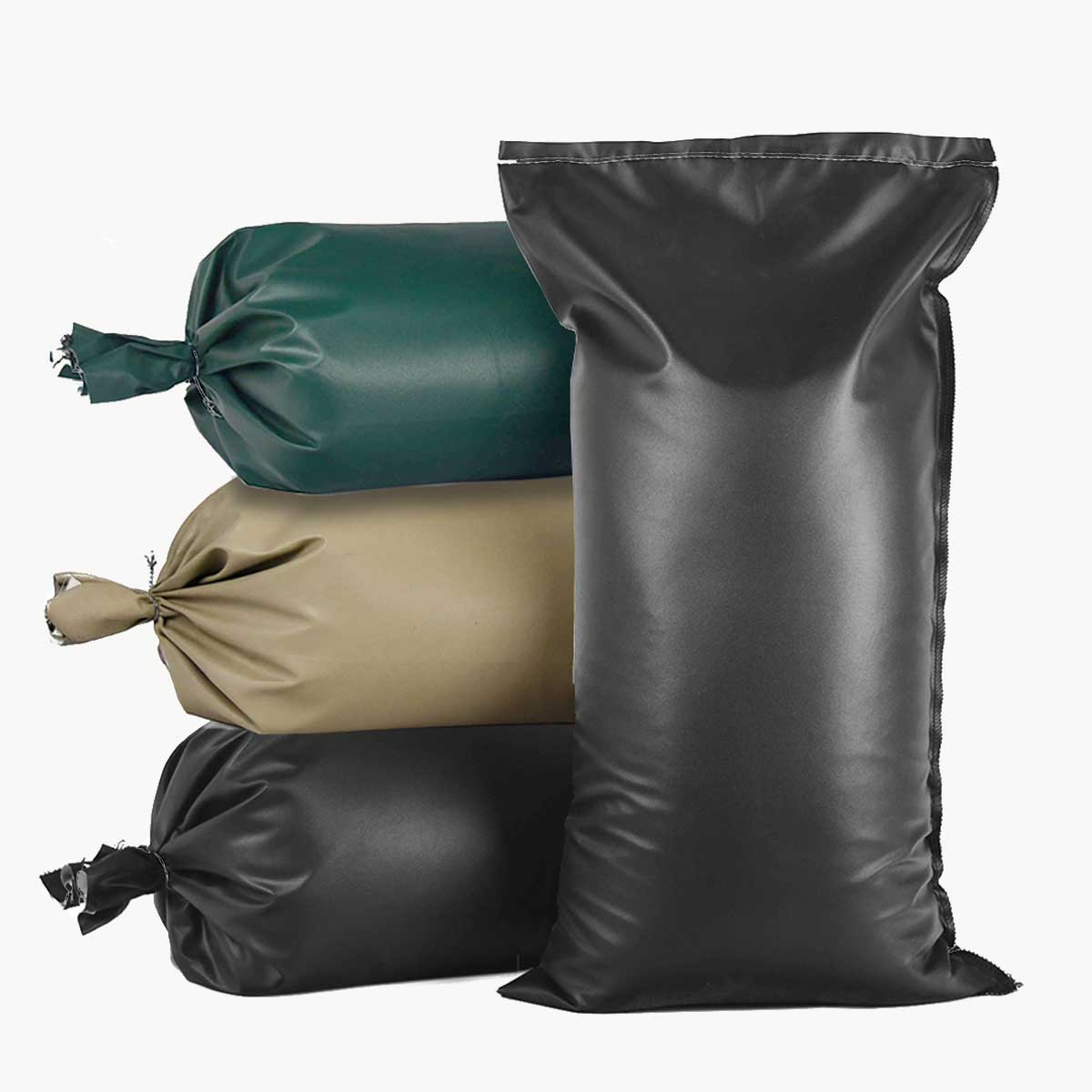 Four seven year uv acrylic sandbags shown with three stacked on their sides in the background a single acrylic sandbag in the foreground standing upright and sewn closed