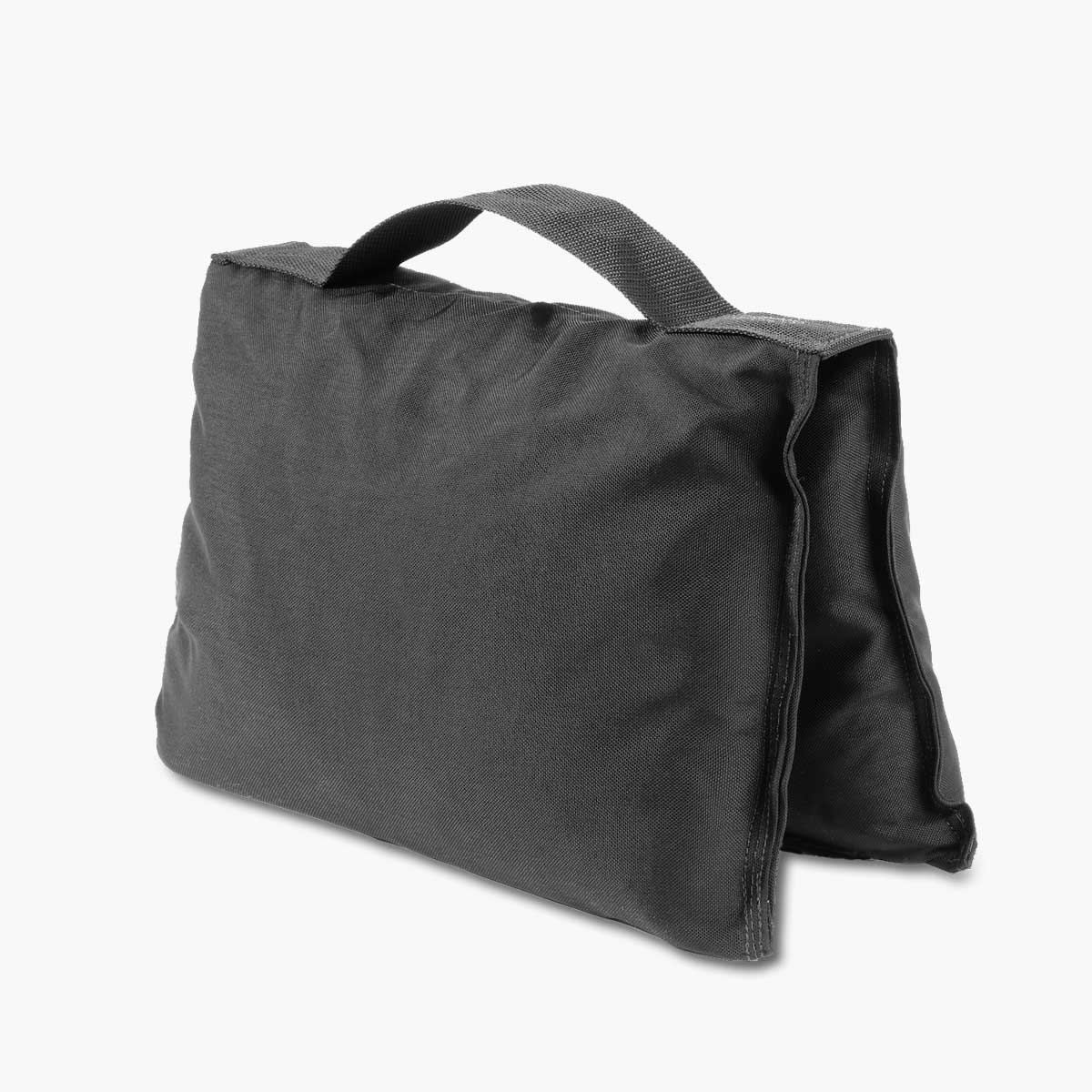 Black saddle sandbag with webbing handle on white background