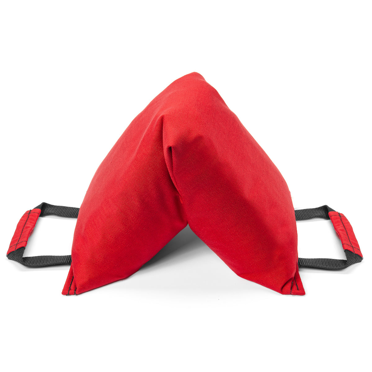 Red Dual Handled sandbag folded in half on white backdrop