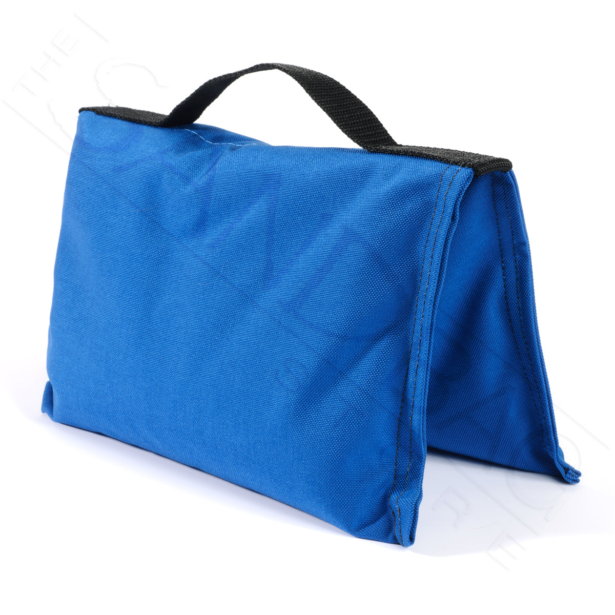 Blue saddle sandbag with webbing handle on white background