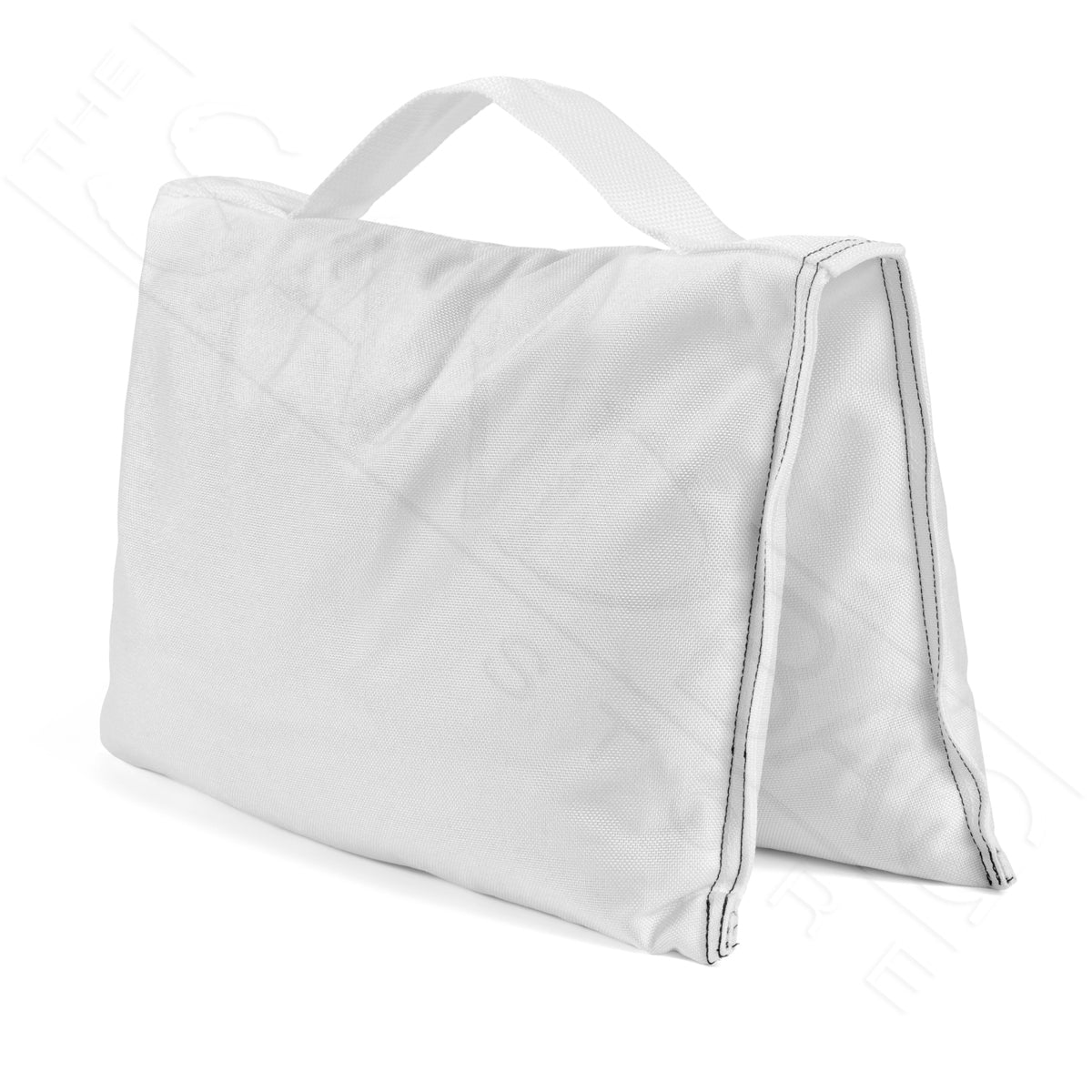 White saddle sandbag with webbing handle on white background