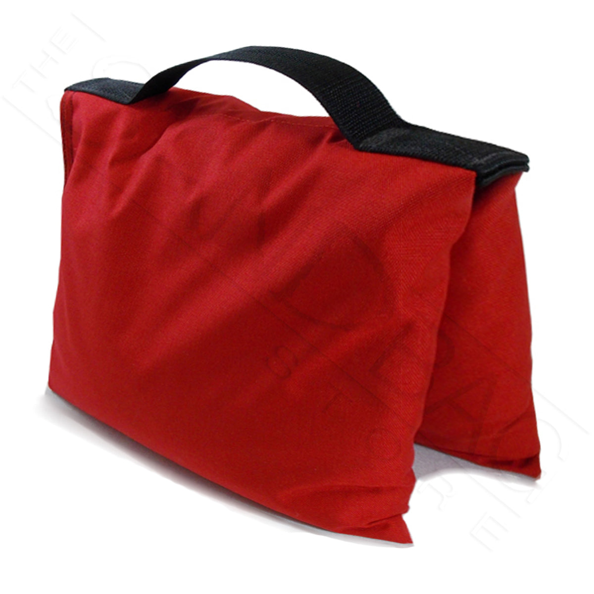 Red saddle sandbag with webbing handle on white background