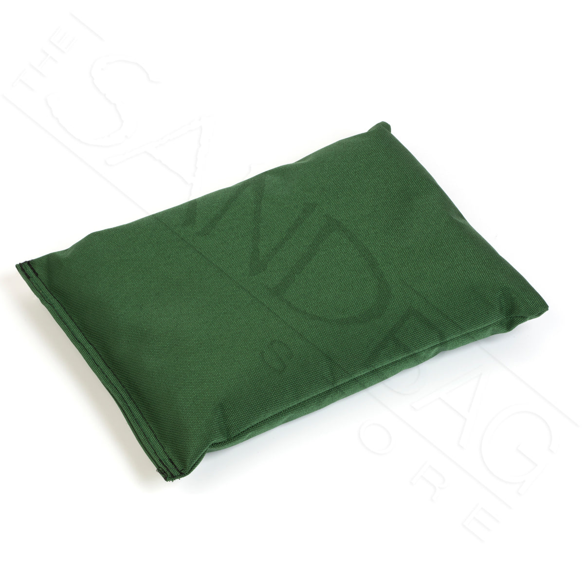Green rectangular ballast sandbag made from heavy cordura fabric on a white background