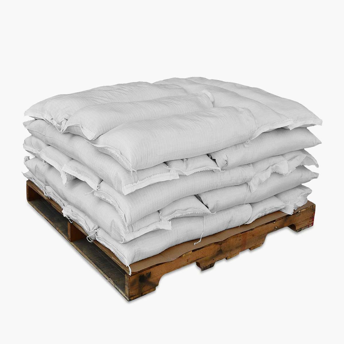 Pallet of 30 tube sand sandbags stacked on a pallet on a white background