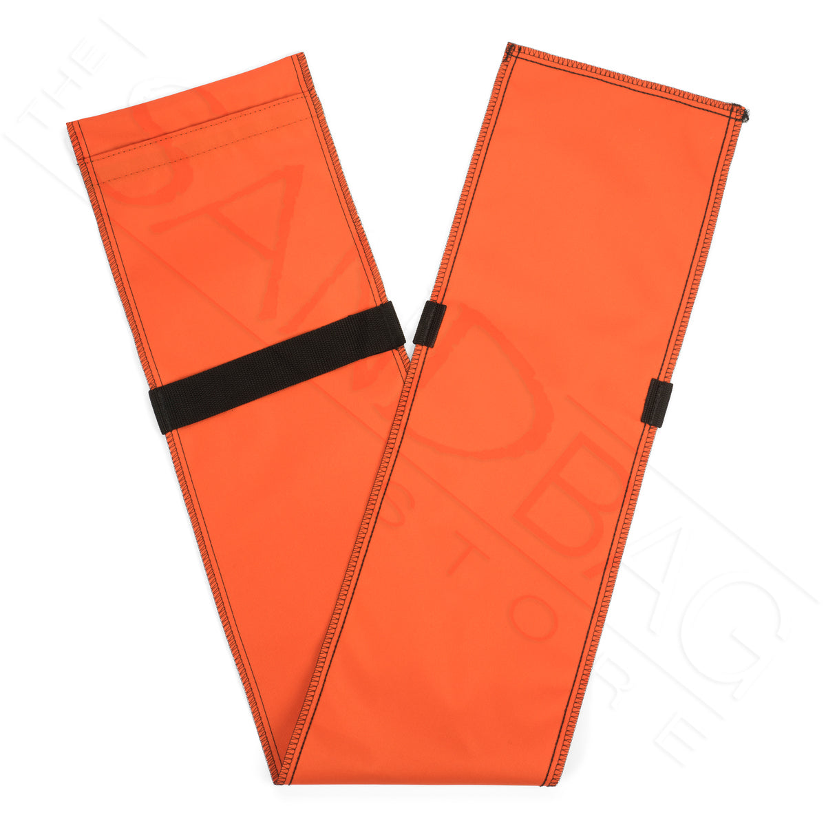 orange tube sandbag folded in half with black handles on a white background