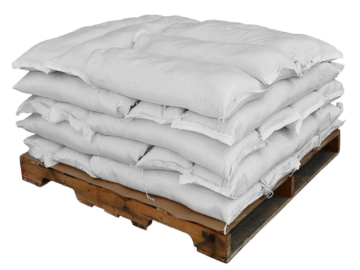 Pallet of 30 tube sand sandbags stacked on a pallet on a white background reverse image
